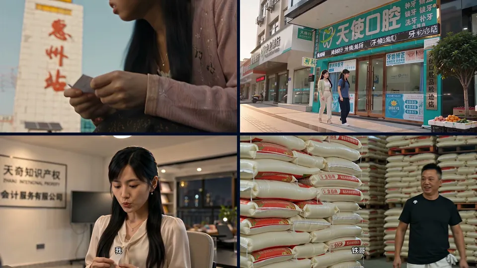 《重生在惠州》剧照拼图:惠州站、天使口腔门头、天奇会计会客区、金稻典仓储